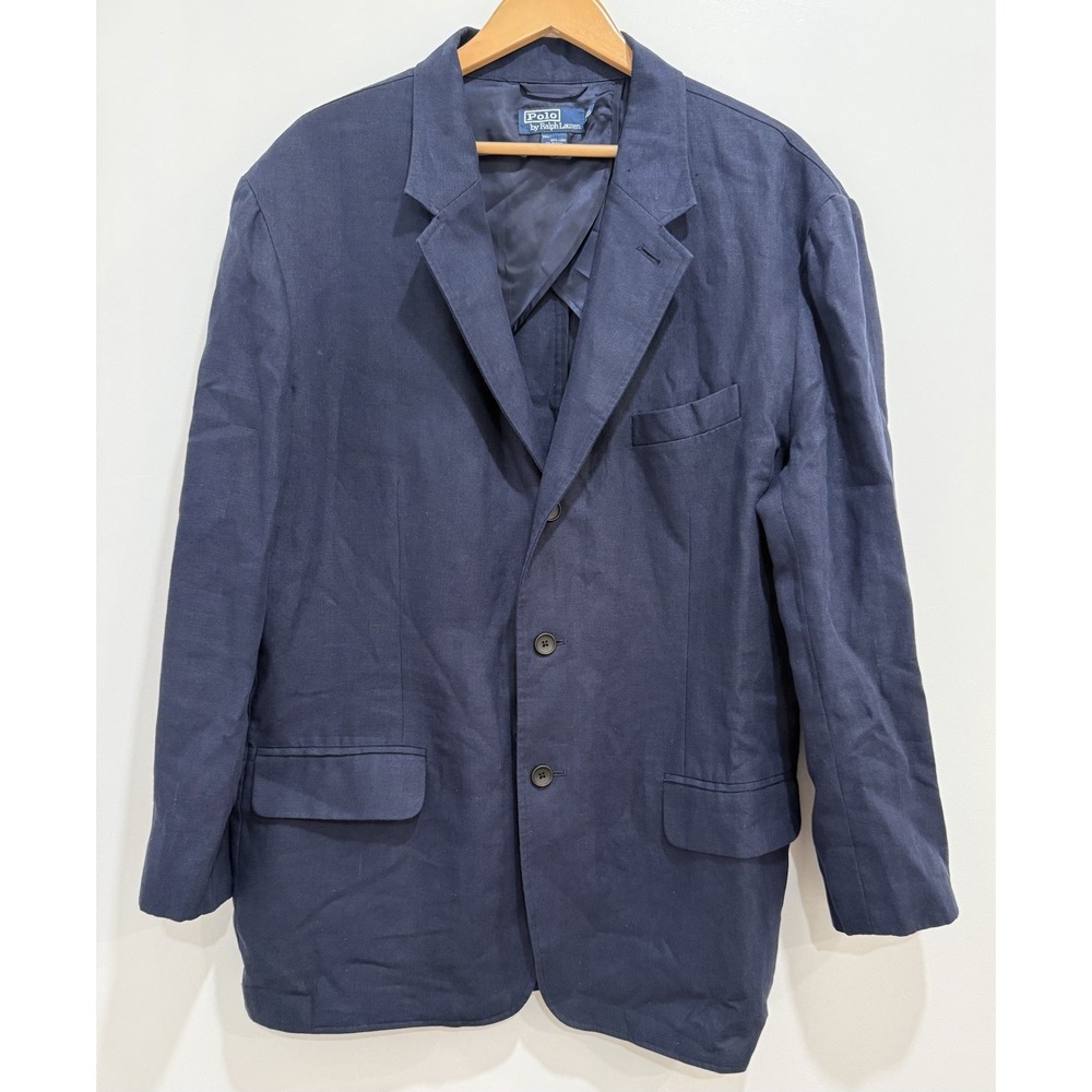 Polo Ralph Lauren Blazer Navy Blue 3 Button 100% Linen Unstructured Men's Sz 2XL